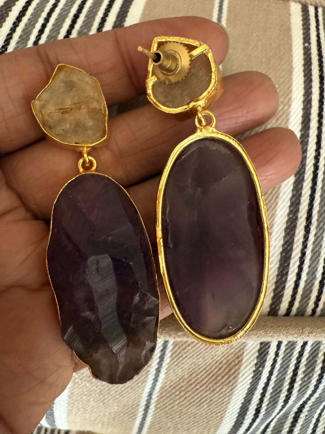 Handmade Brass Earrings with Natural Quartz and Amethyst Gemstones | Modern Gold Polish Statement Danglers by SHIVKA