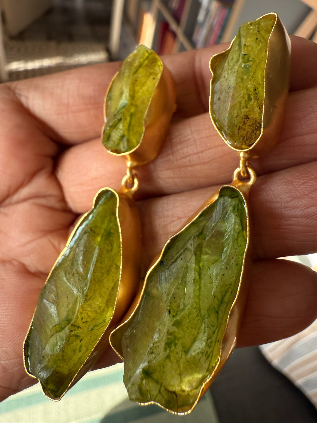Handmade Brass Earrings with Natural Gemstones | Modern Gold Polish Statement Danglers by SHIVKA