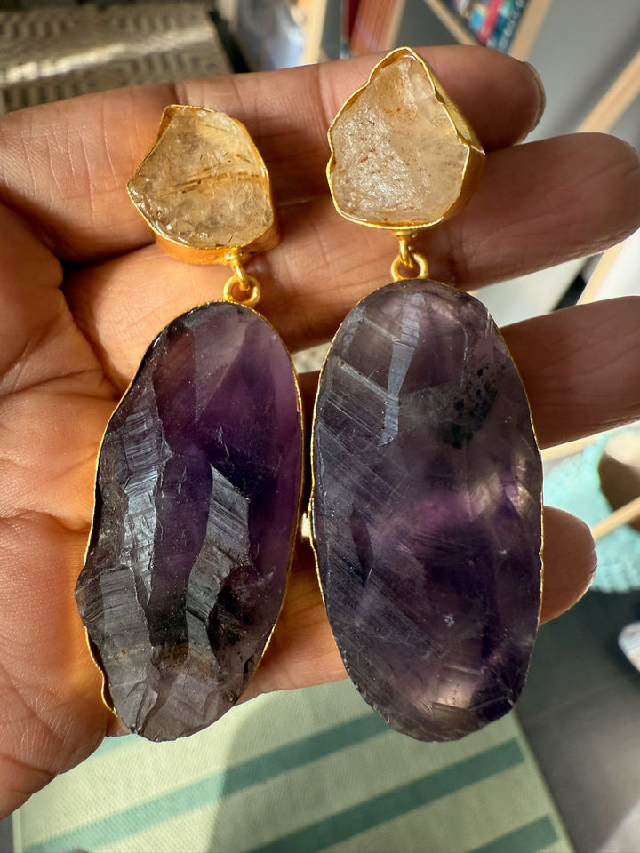 Handmade Brass Earrings with Natural Quartz and Amethyst Gemstones | Modern Gold Polish Statement Danglers by SHIVKA