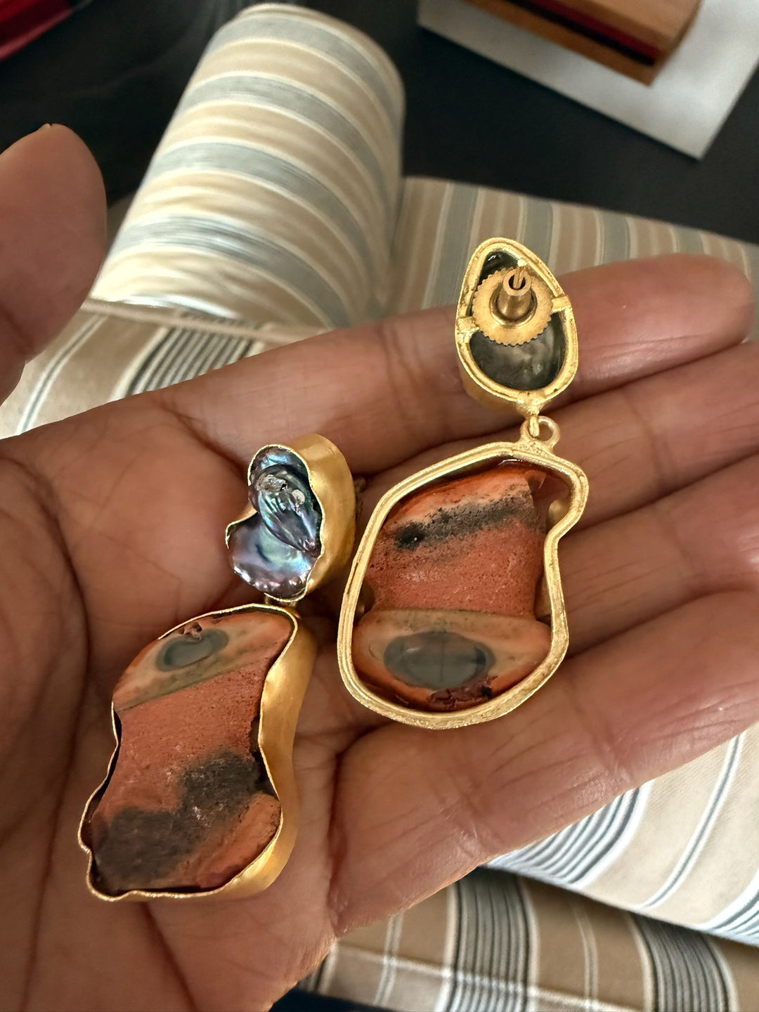 Handmade Earrings with Natural Gemstones | Modern Gold Polish Statement Danglers by SHIVKA