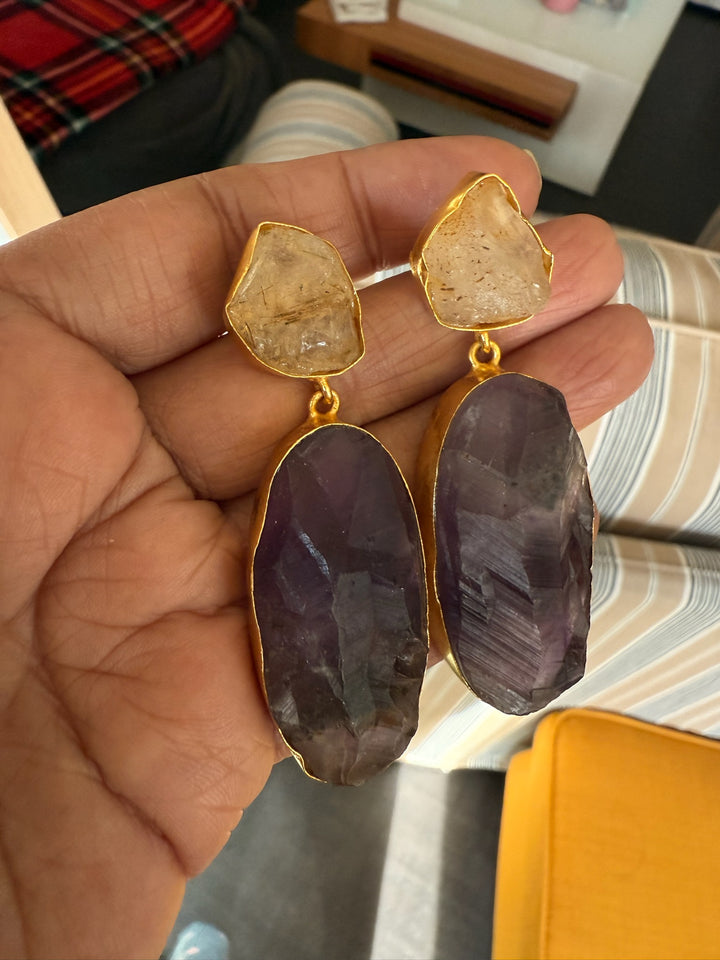 Handmade Brass Earrings with Natural Quartz and Amethyst Gemstones | Modern Gold Polish Statement Danglers by SHIVKA