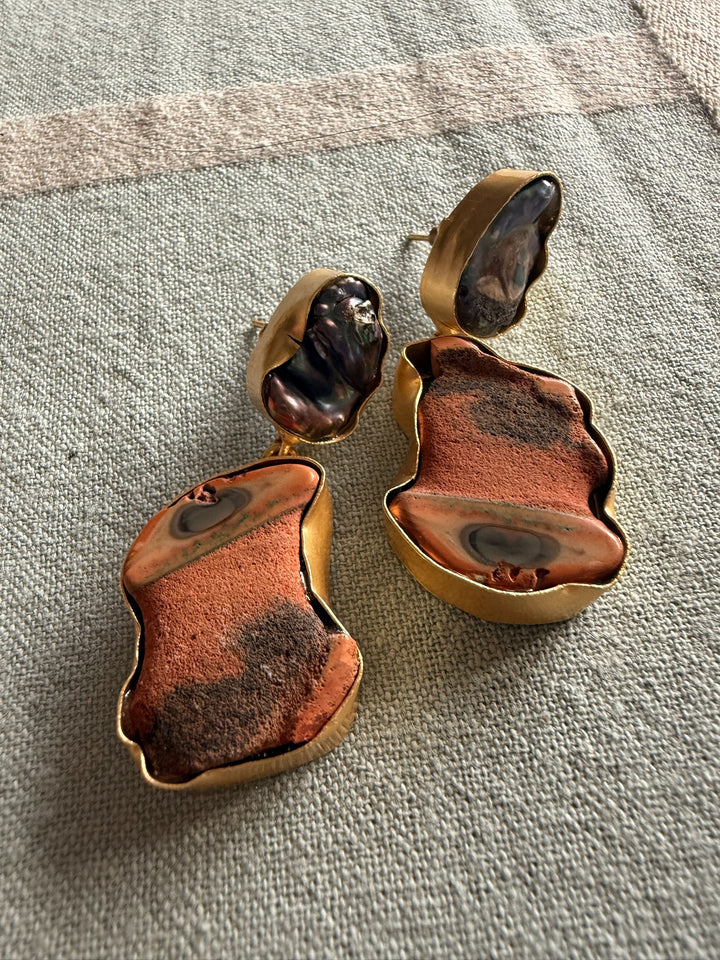 Handmade Earrings with Natural Gemstones | Modern Gold Polish Statement Danglers by SHIVKA