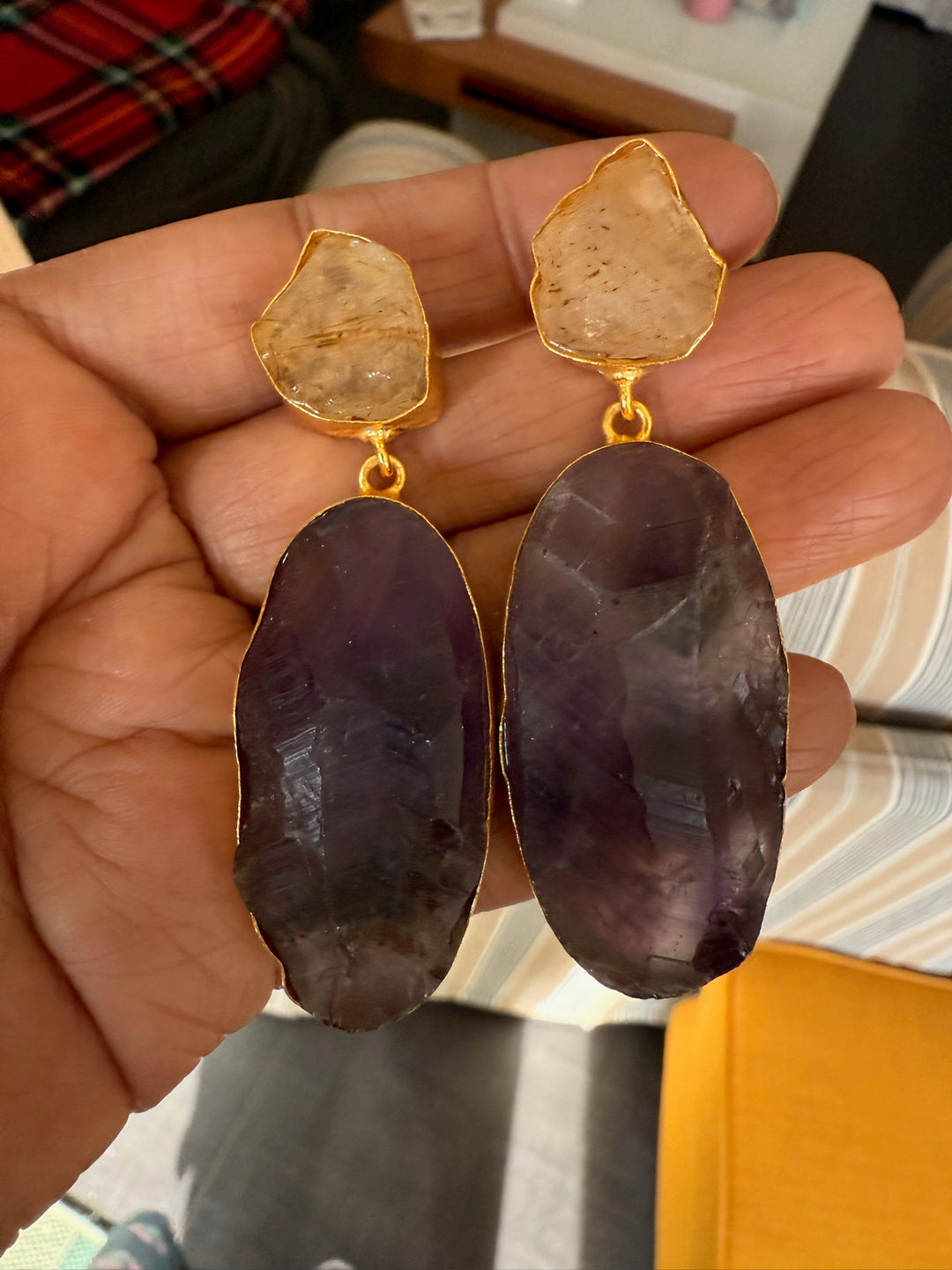 Handmade Brass Earrings with Natural Quartz and Amethyst Gemstones | Modern Gold Polish Statement Danglers by SHIVKA