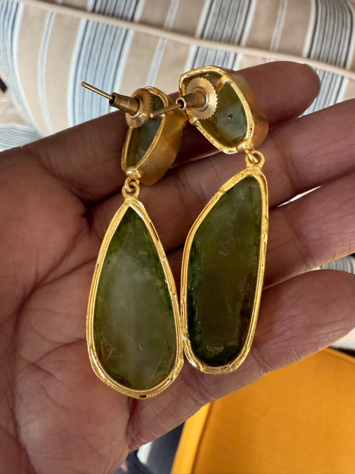 Handmade Brass Earrings with Natural Gemstones | Modern Gold Polish Statement Danglers by SHIVKA