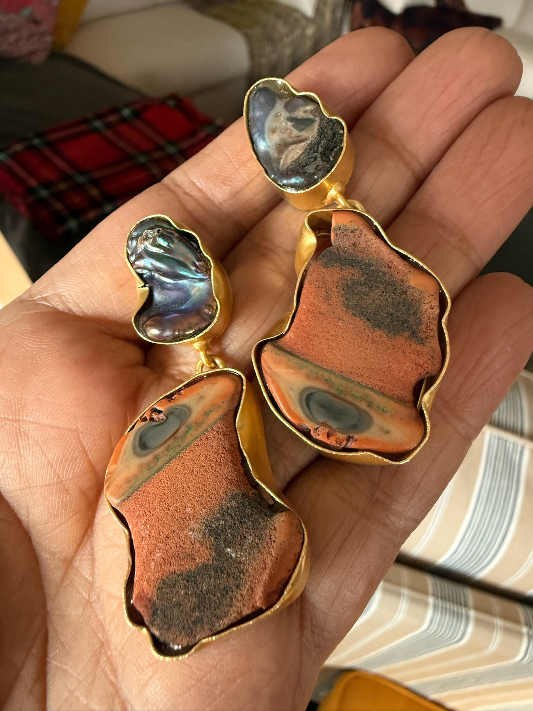 Handmade Earrings with Natural Gemstones | Modern Gold Polish Statement Danglers by SHIVKA