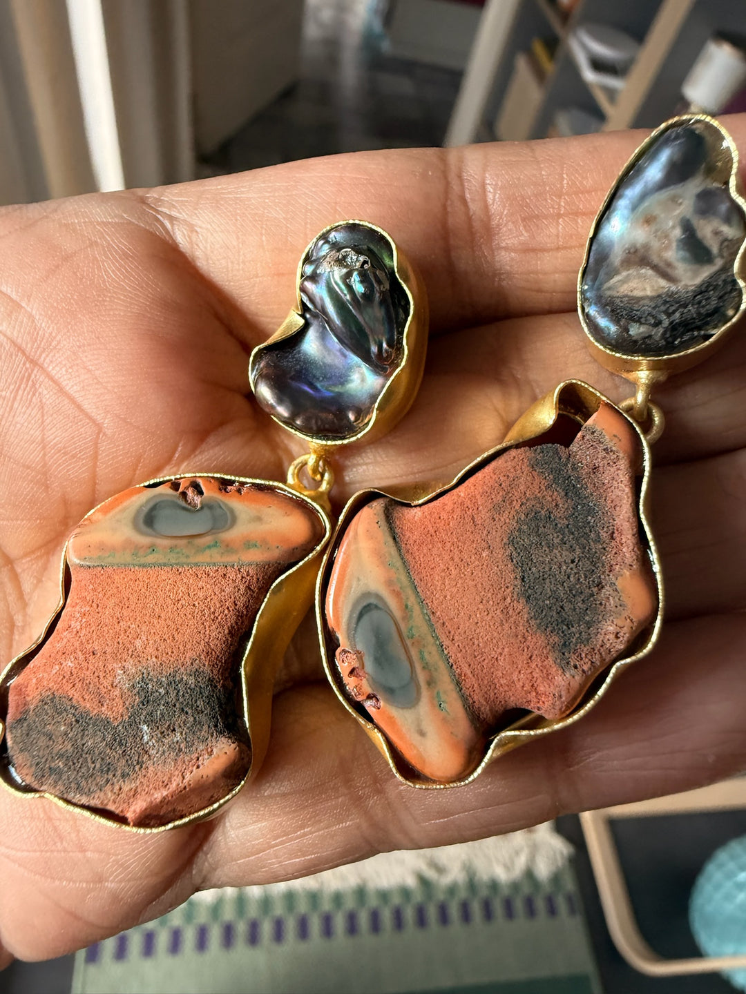 Handmade Earrings with Natural Gemstones | Modern Gold Polish Statement Danglers by SHIVKA