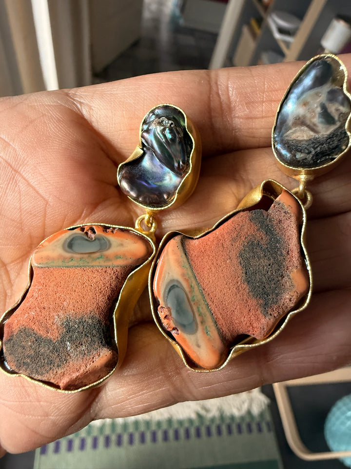 Handmade Earrings with Natural Gemstones | Modern Gold Polish Statement Danglers by SHIVKA