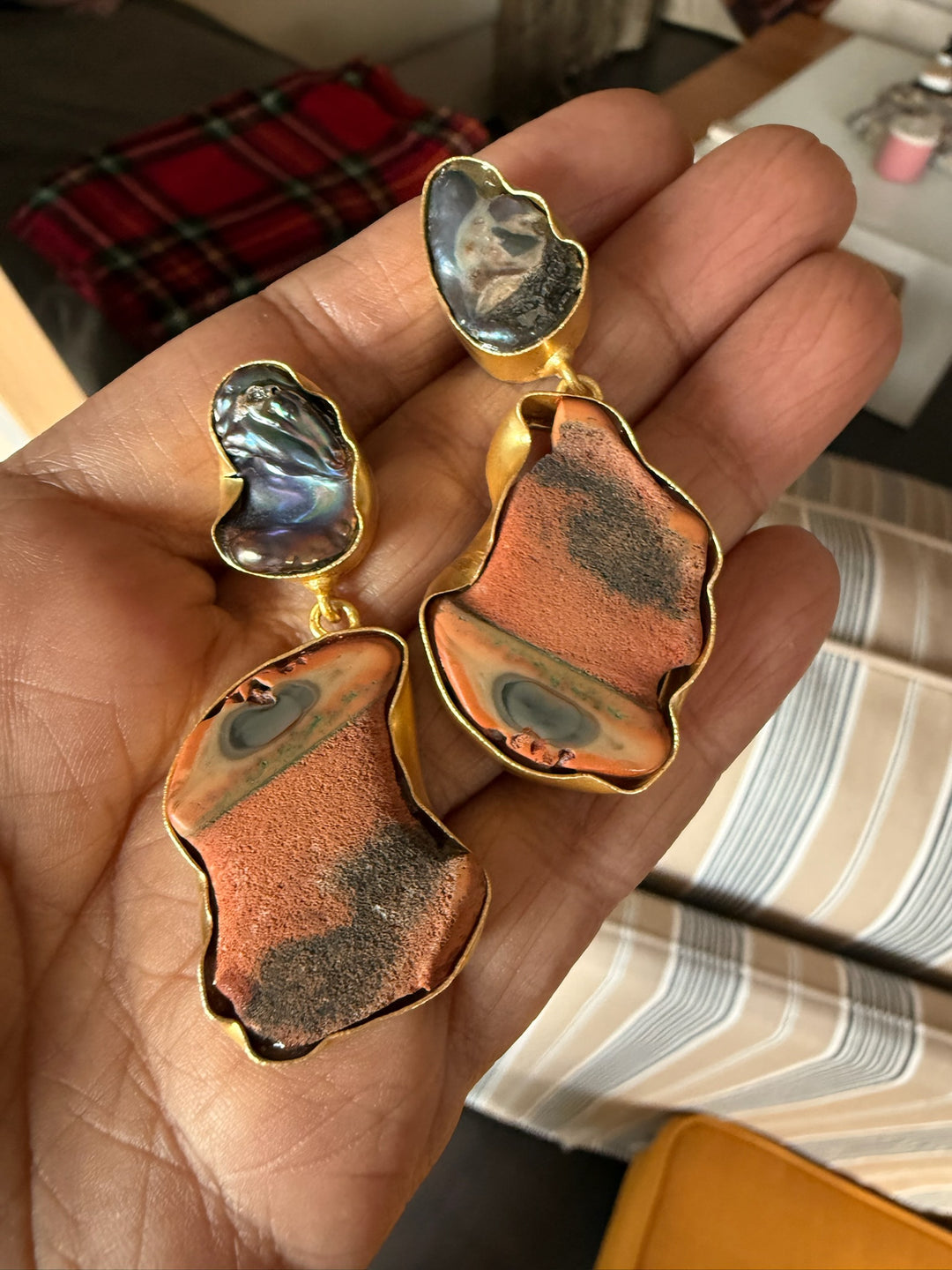 Handmade Earrings with Natural Gemstones | Modern Gold Polish Statement Danglers by SHIVKA