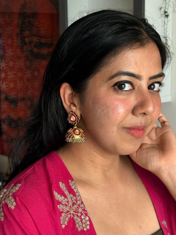 SHIVKA 925 Silver Kundan Jhumka Earrings - Gold Polish