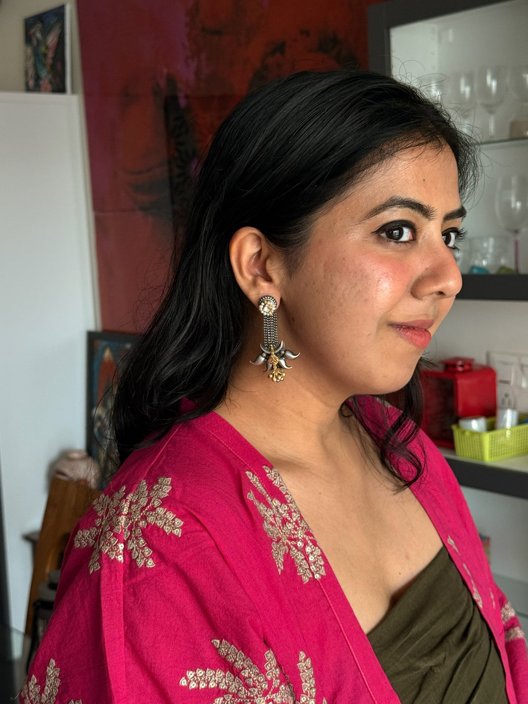 SHIVKA Tribal 925 Silver Fusion Earrings - Kundan Pearl