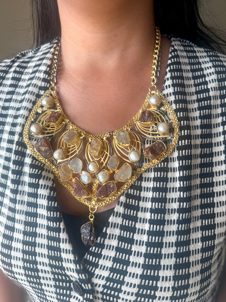 Statement Amethyst Turquoise Citrine and Pearls Necklace