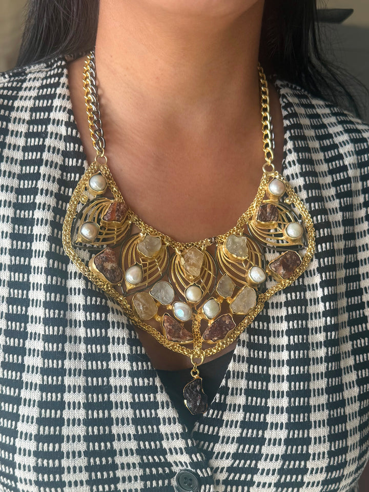 Statement Amethyst Turquoise Citrine and Pearls Necklace