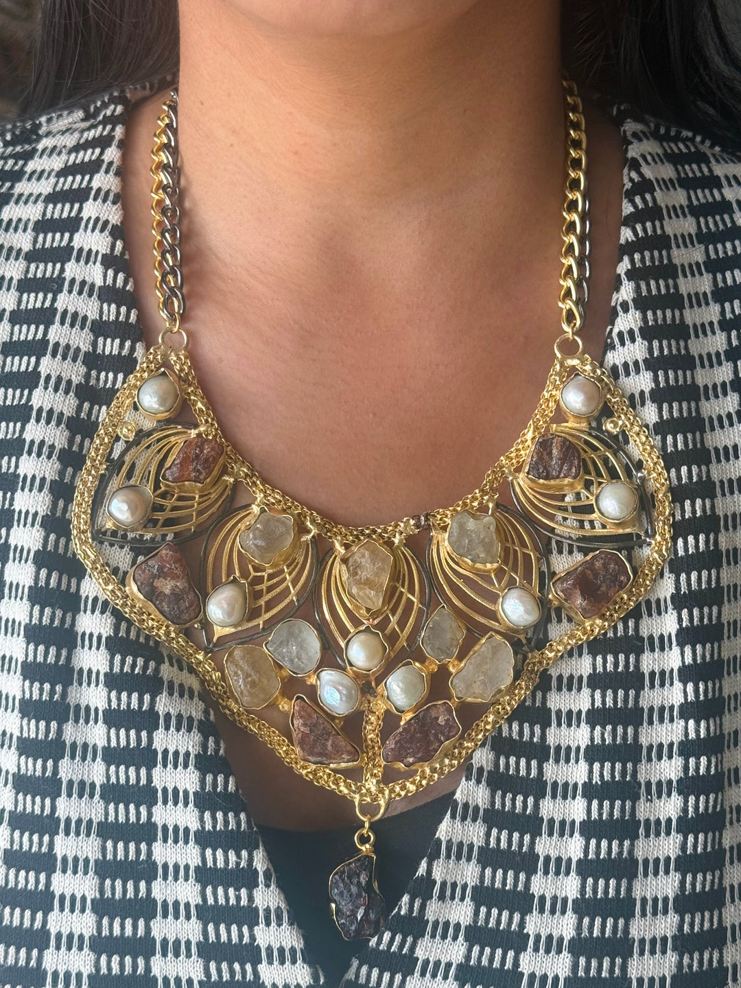Statement Amethyst Turquoise Citrine and Pearls Necklace