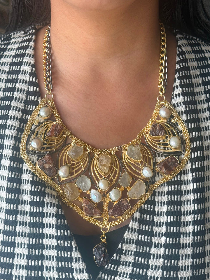 Statement Amethyst Turquoise Citrine and Pearls Necklace