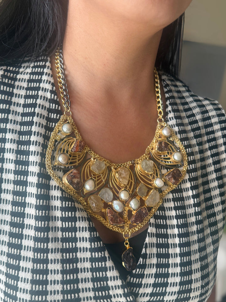 Statement Amethyst Turquoise Citrine and Pearls Necklace