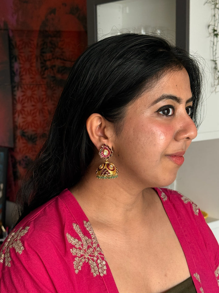 SHIVKA 925 Silver Kundan Jhumka Earrings - Gold Polish