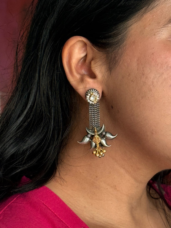 SHIVKA Tribal 925 Silver Fusion Earrings - Kundan Pearl