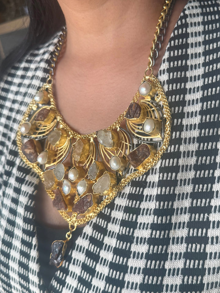 Statement Amethyst Turquoise Citrine and Pearls Necklace