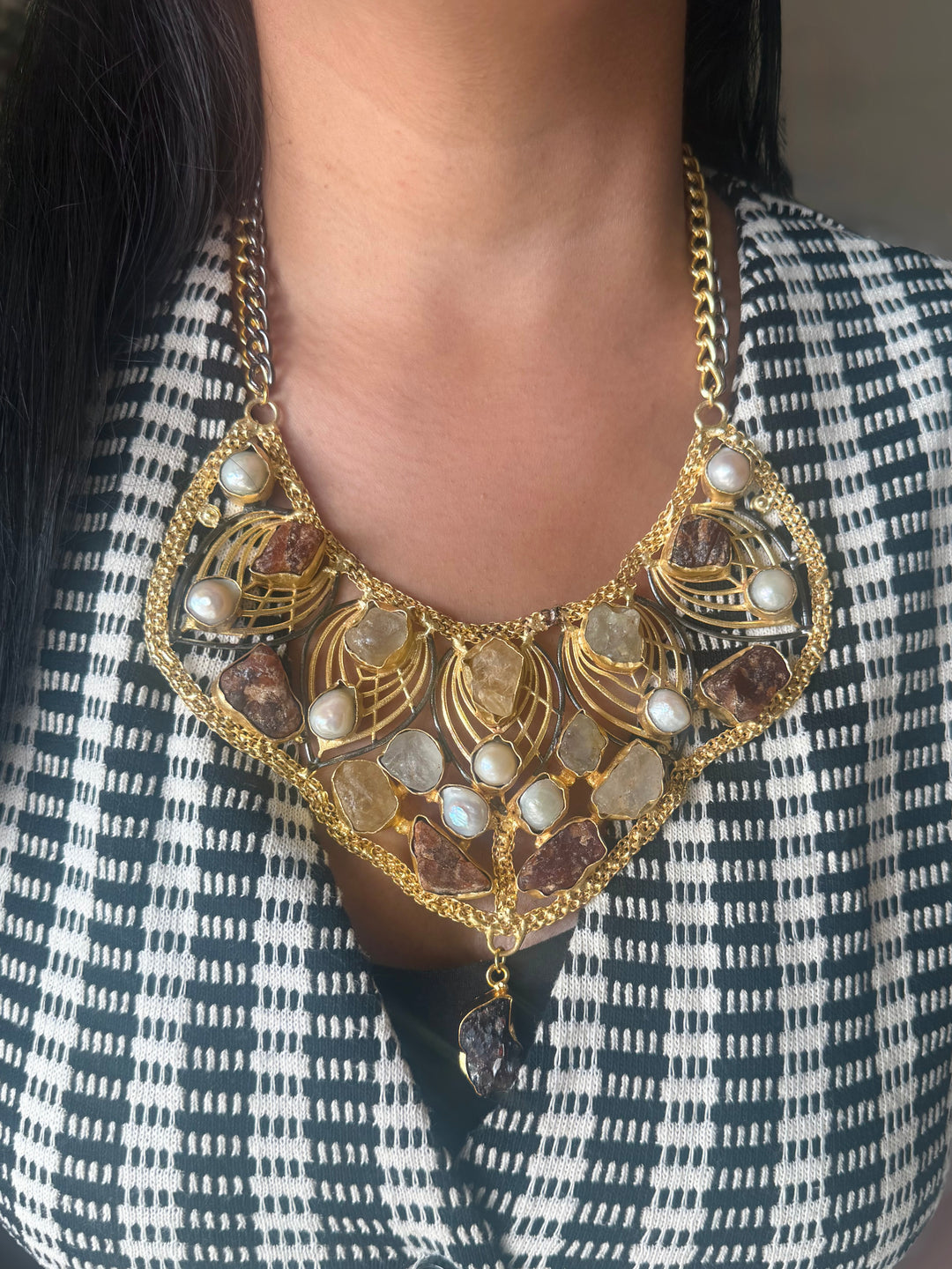 Statement Amethyst Turquoise Citrine and Pearls Necklace