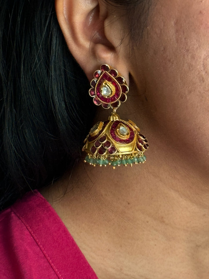 SHIVKA 925 Silver Kundan Jhumka Earrings - Gold Polish