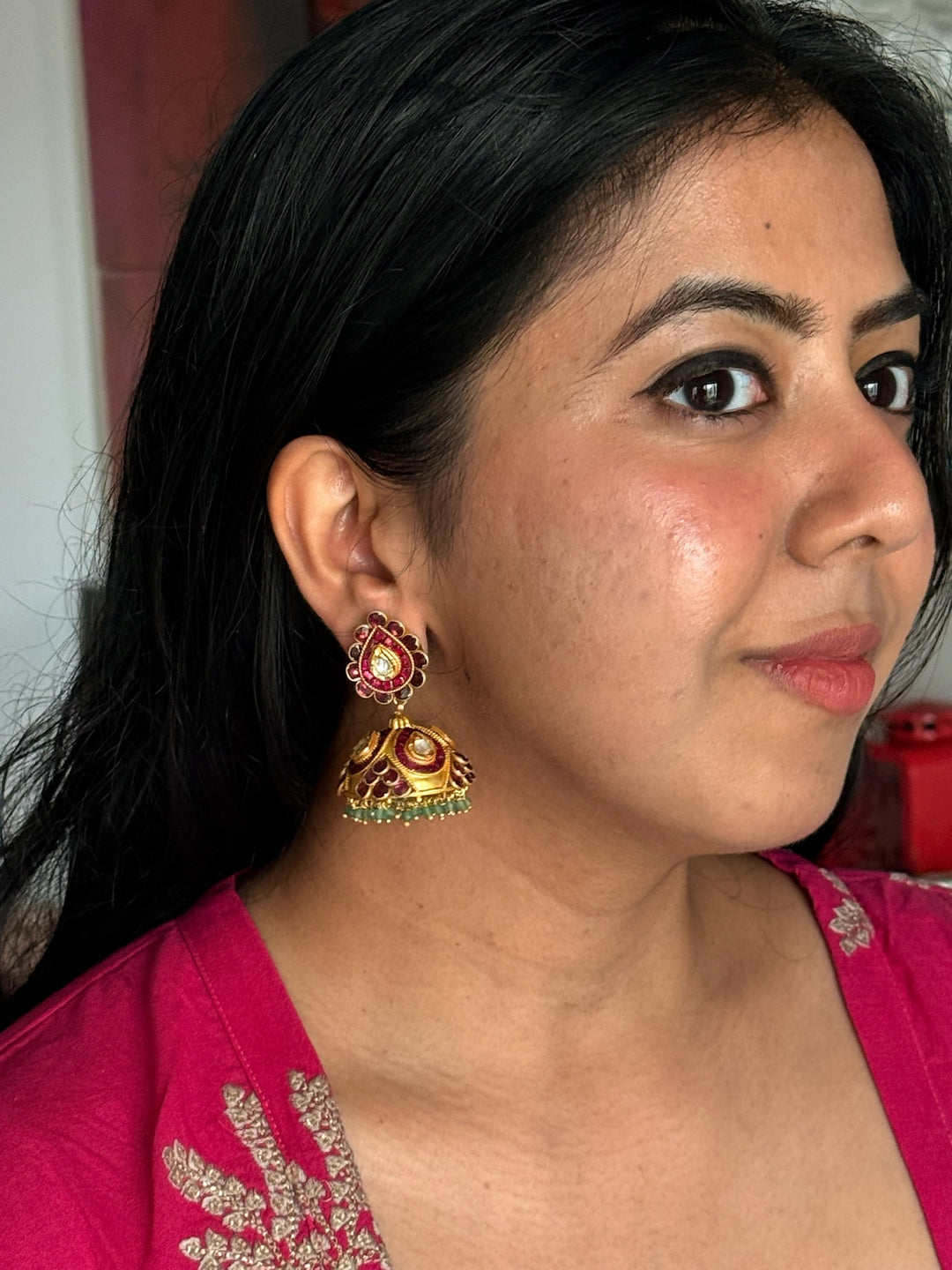 SHIVKA 925 Silver Kundan Jhumka Earrings - Gold Polish