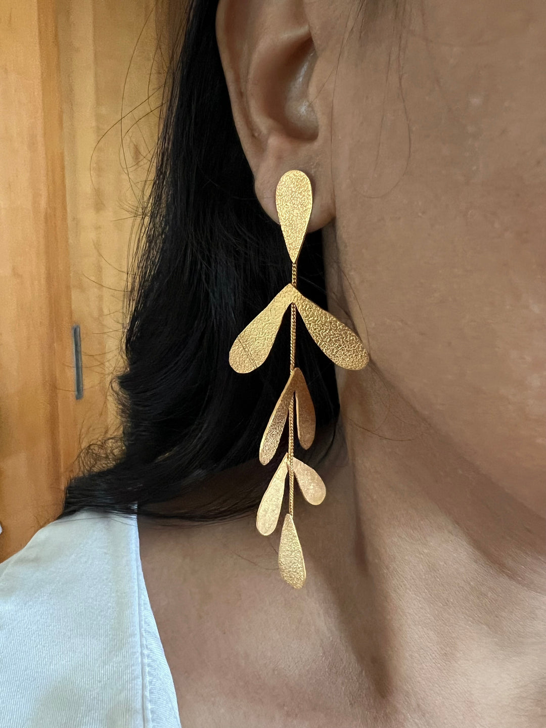 Textured Gold Tone Leaf Danglers