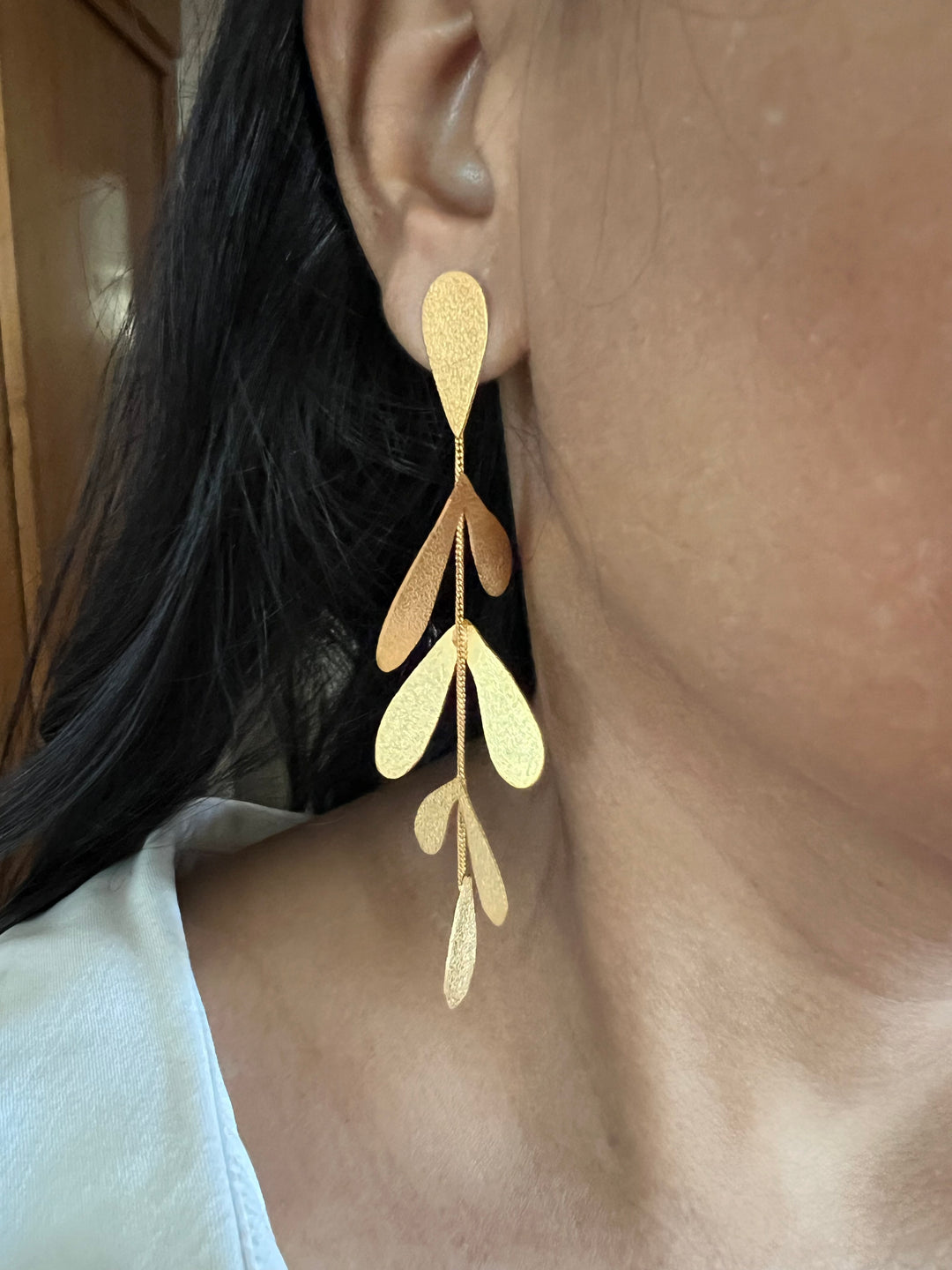Textured Gold Tone Leaf Danglers