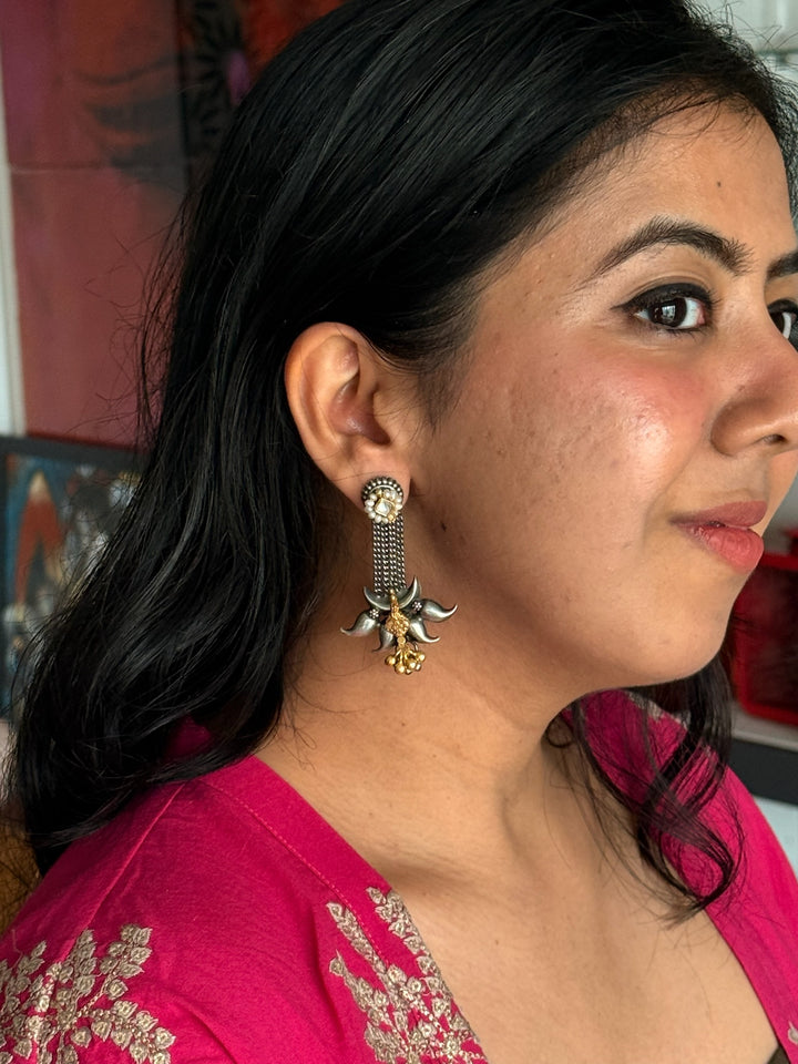 SHIVKA Tribal 925 Silver Fusion Earrings - Kundan Pearl