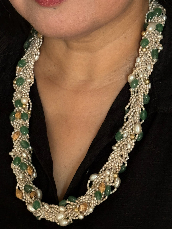 Handmade Real Gemstone & Pearl 925 Silver Fusion Necklace by SHIVKA