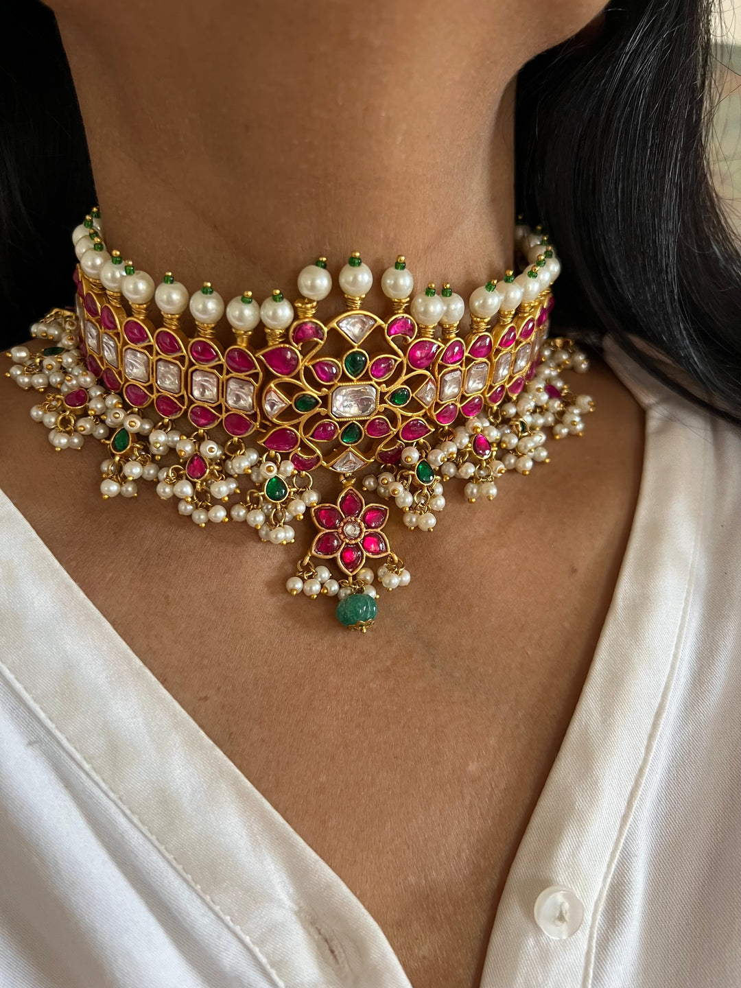 SHIVKA Beautiful Flora Kundan Choker with Pretty Earrings/ Wedding Choker Set/ Bridal Choker Set/ Wedding Jewellery/ Kundan Jewellery