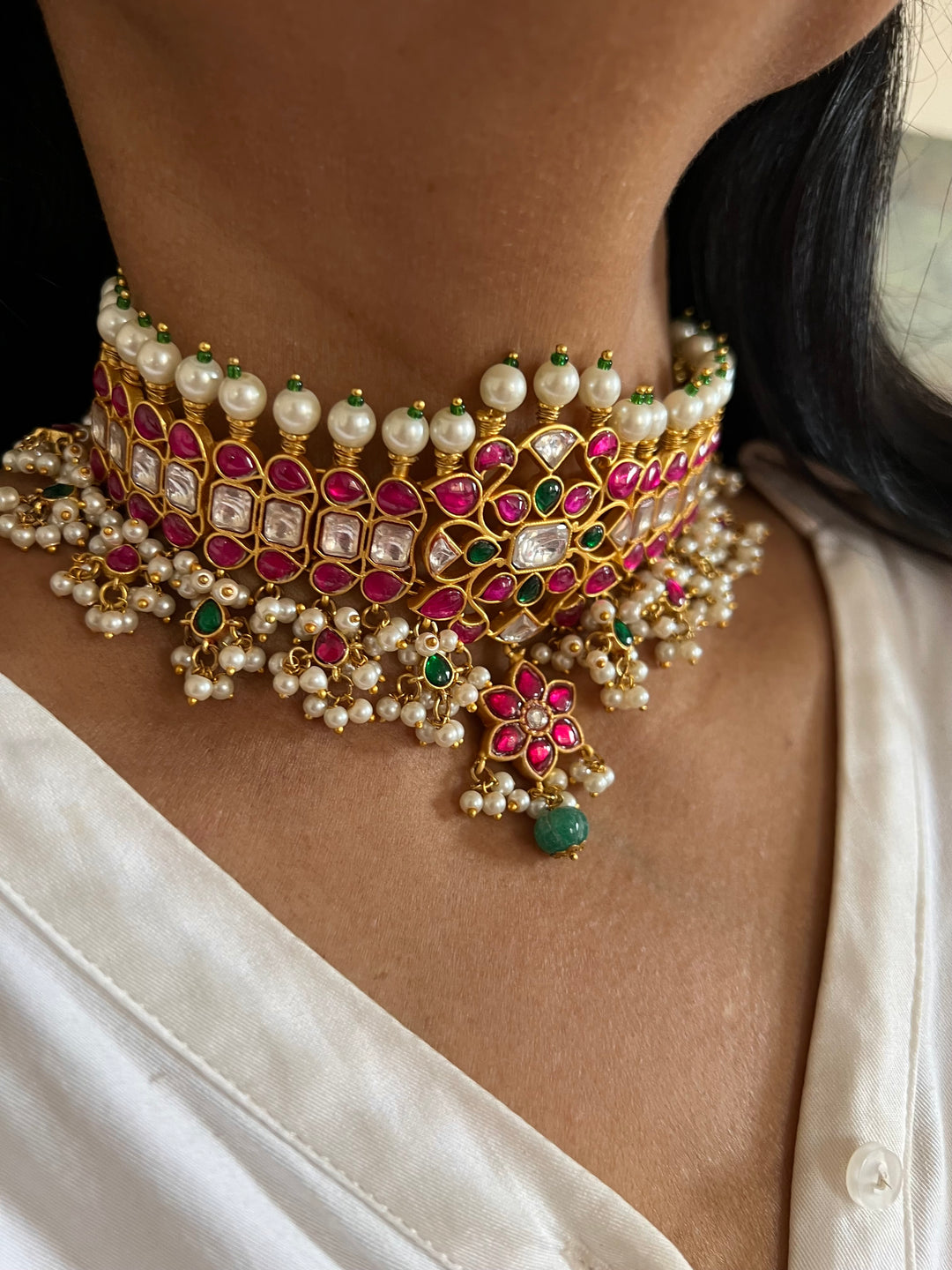 SHIVKA Beautiful Flora Kundan Choker with Pretty Earrings/ Wedding Choker Set/ Bridal Choker Set/ Wedding Jewellery/ Kundan Jewellery