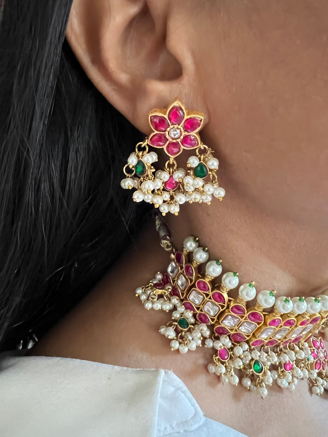 SHIVKA Beautiful Flora Kundan Choker with Pretty Earrings/ Wedding Choker Set/ Bridal Choker Set/ Wedding Jewellery/ Kundan Jewellery