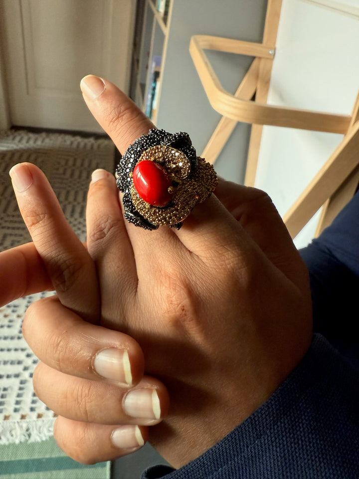Designer Black Rhodium Coral Ring | Adjustable | SHIVKA