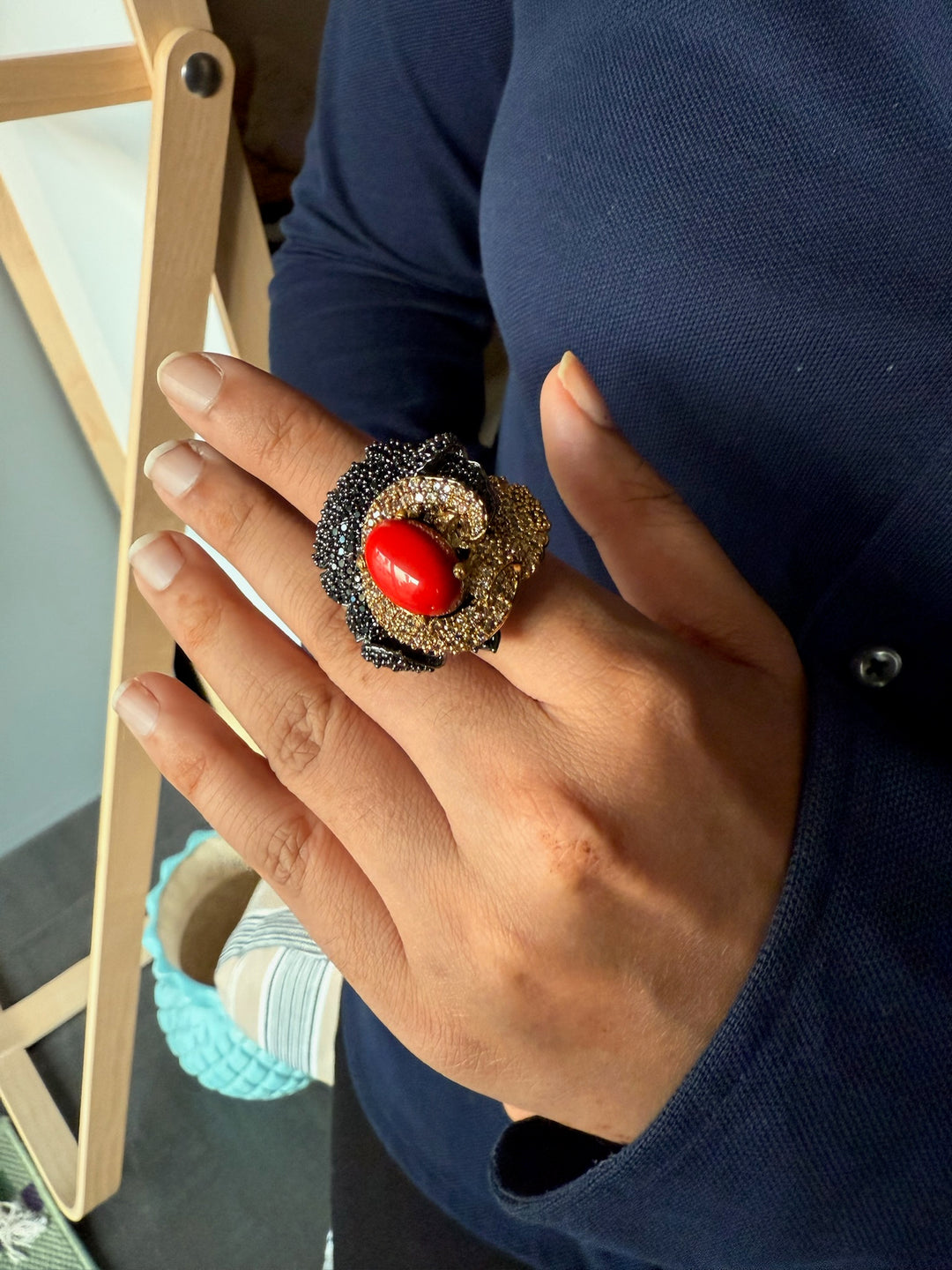 Designer Black Rhodium Coral Ring | Adjustable | SHIVKA