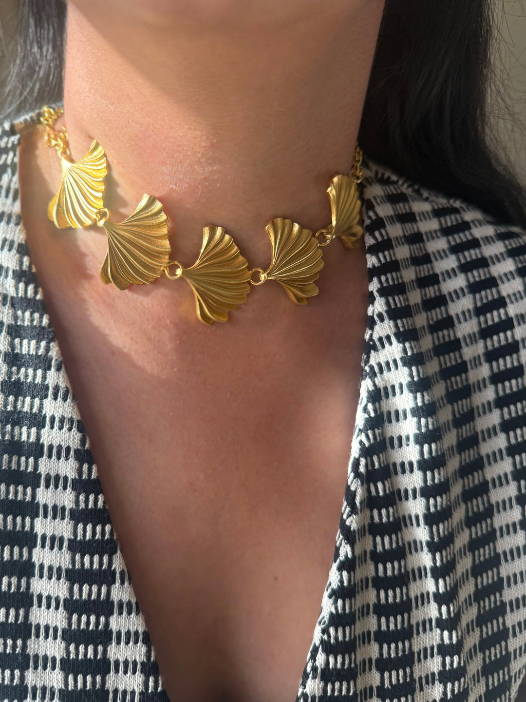 Gold Plated Fan Necklace, Handcrafted Brass Statement Jewelry