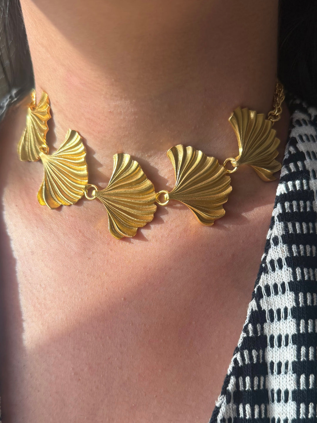 Gold Plated Fan Necklace, Handcrafted Brass Statement Jewelry