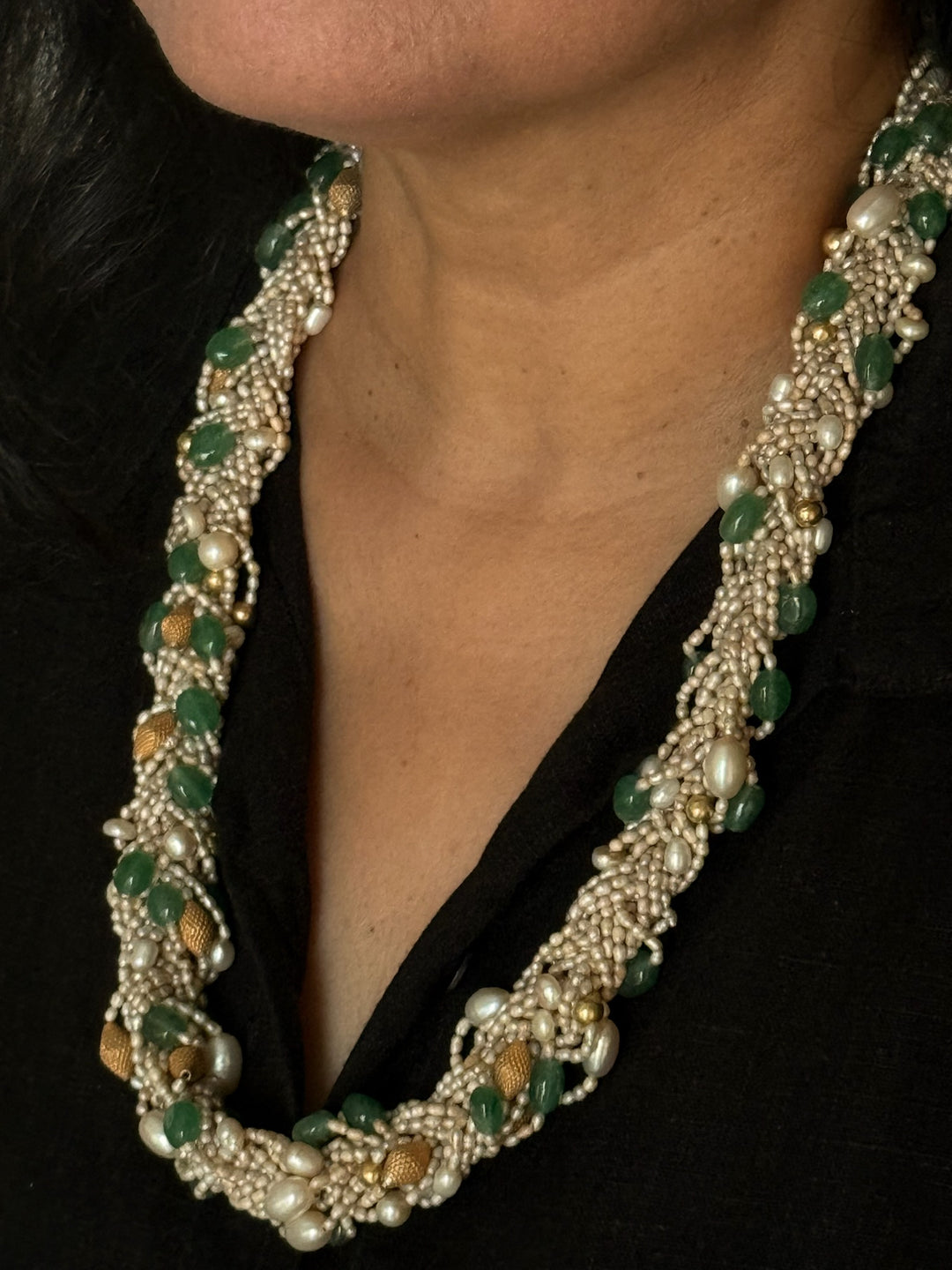 Handmade Real Gemstone & Pearl 925 Silver Fusion Necklace by SHIVKA