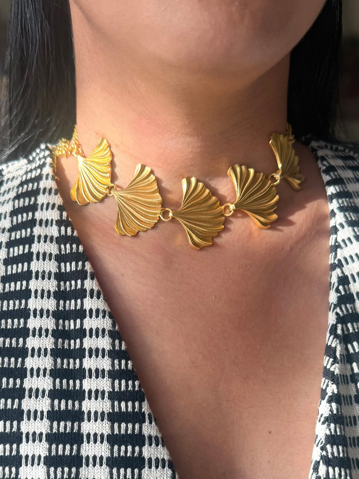 Gold Plated Fan Necklace, Handcrafted Brass Statement Jewelry