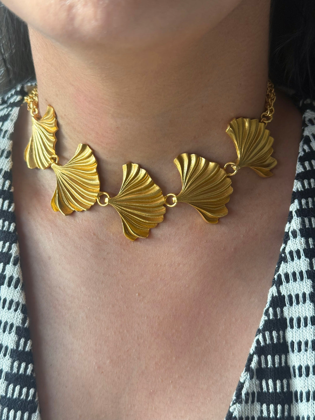 Gold Plated Fan Necklace, Handcrafted Brass Statement Jewelry