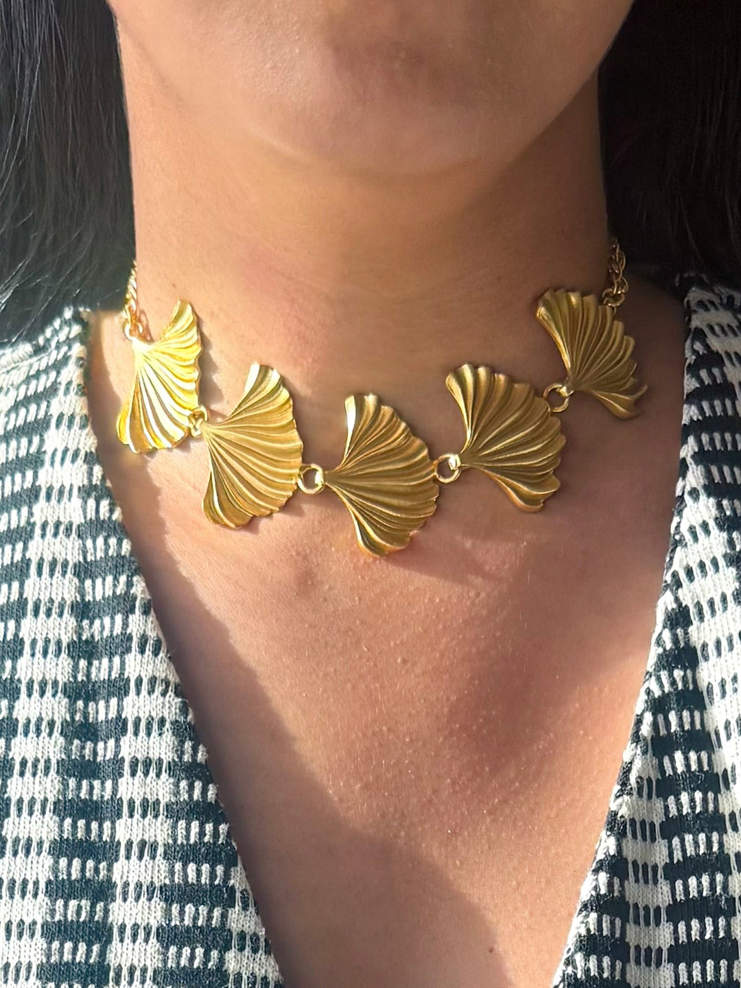 Gold Plated Fan Necklace, Handcrafted Brass Statement Jewelry