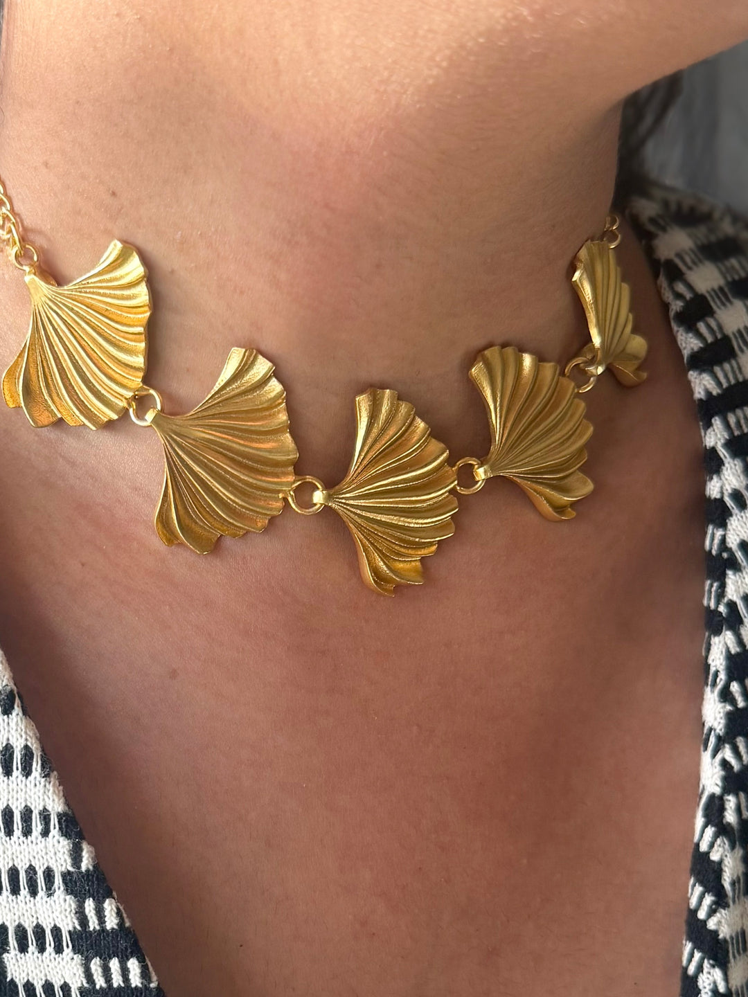 Gold Plated Fan Necklace, Handcrafted Brass Statement Jewelry