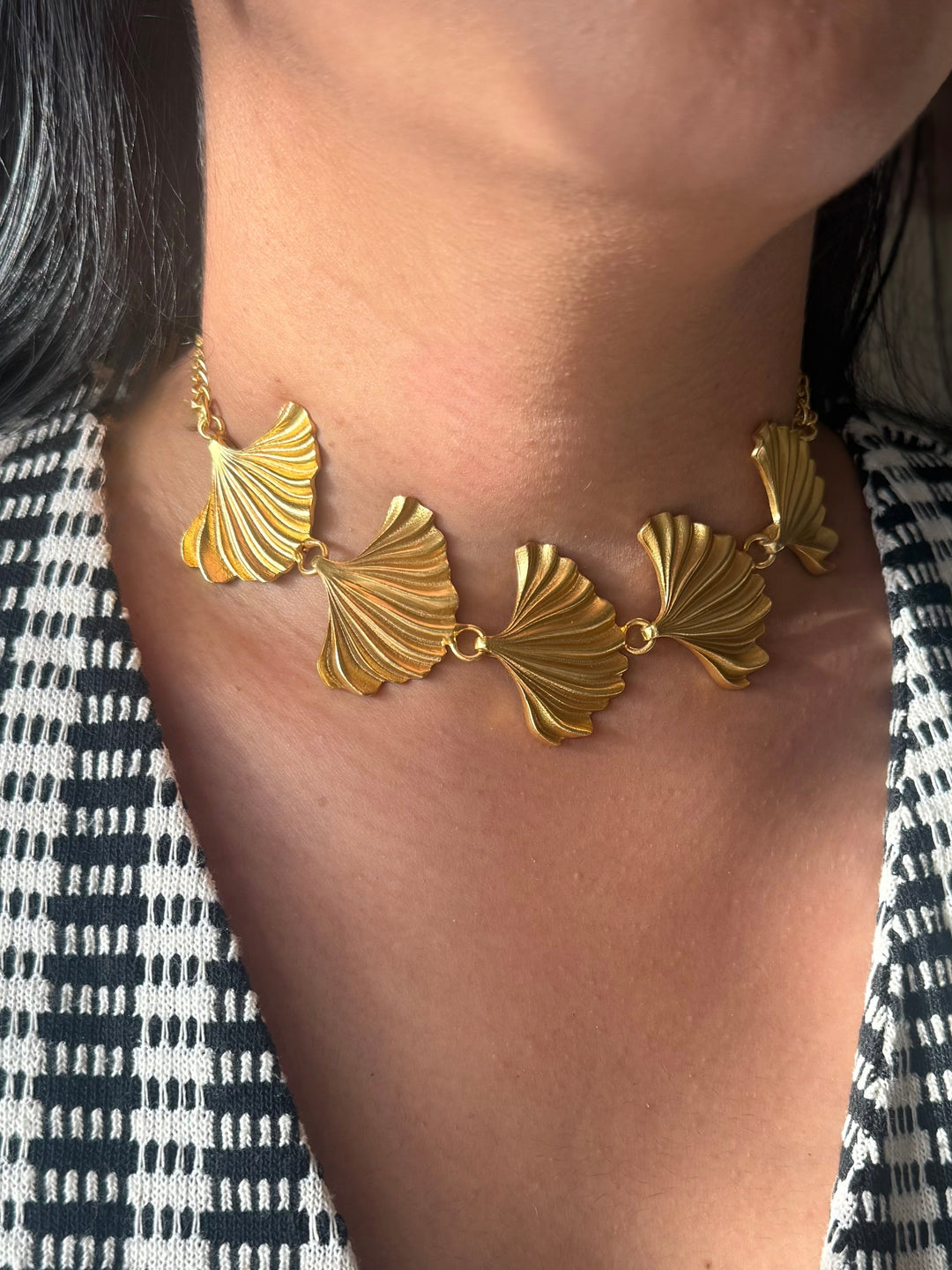 Gold Plated Fan Necklace, Handcrafted Brass Statement Jewelry