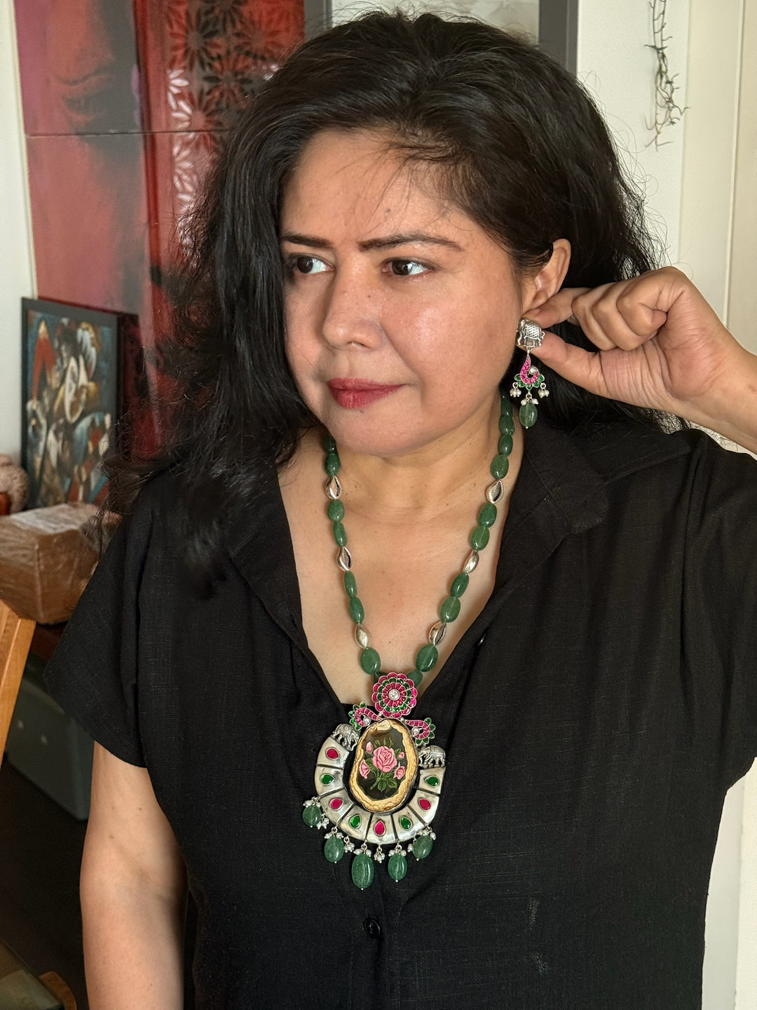 Handmade Hand-Painted 925 Silver Pendant Necklace Set from SHIVKA