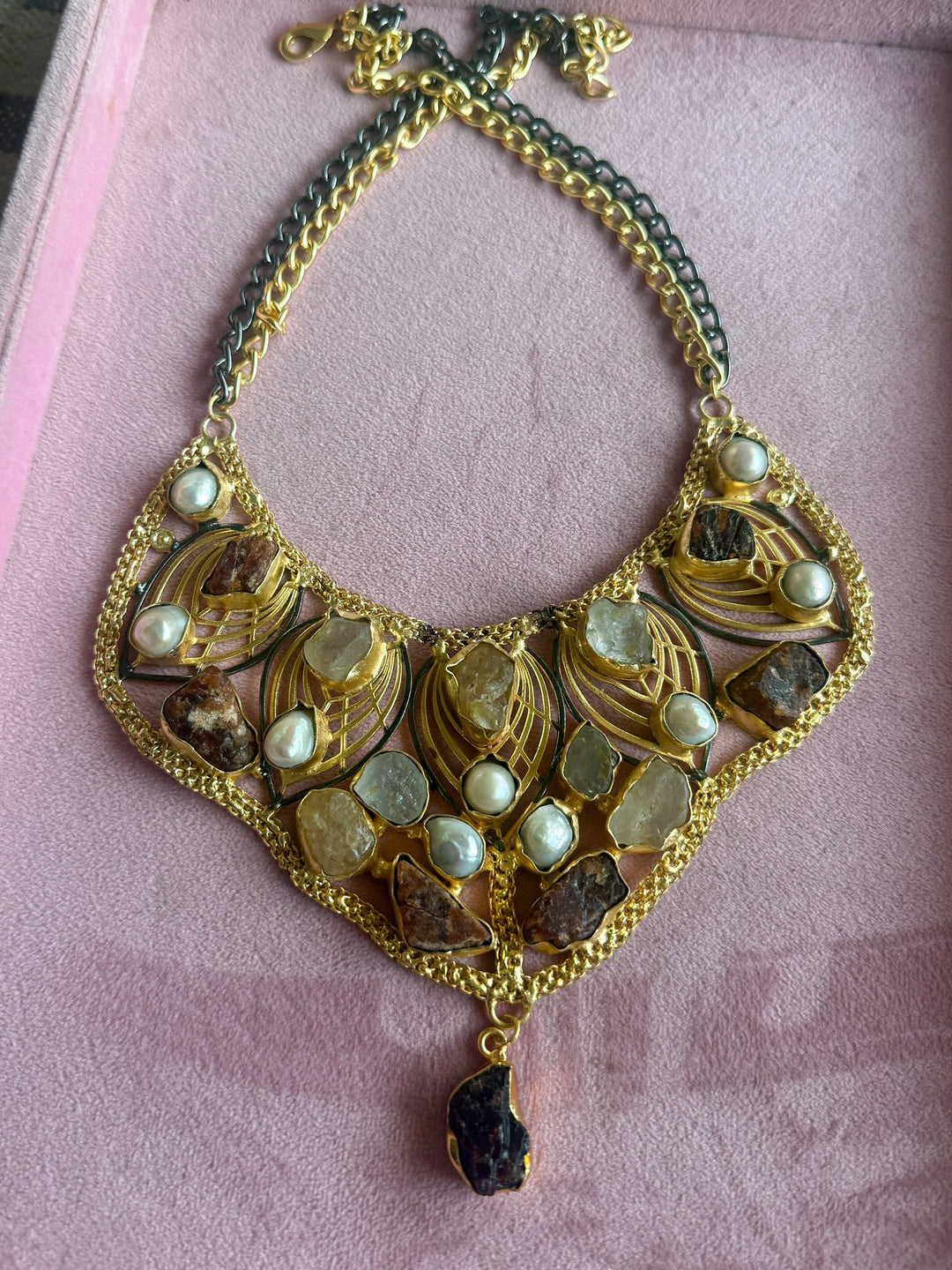 Statement Amethyst Turquoise Citrine and Pearls Necklace