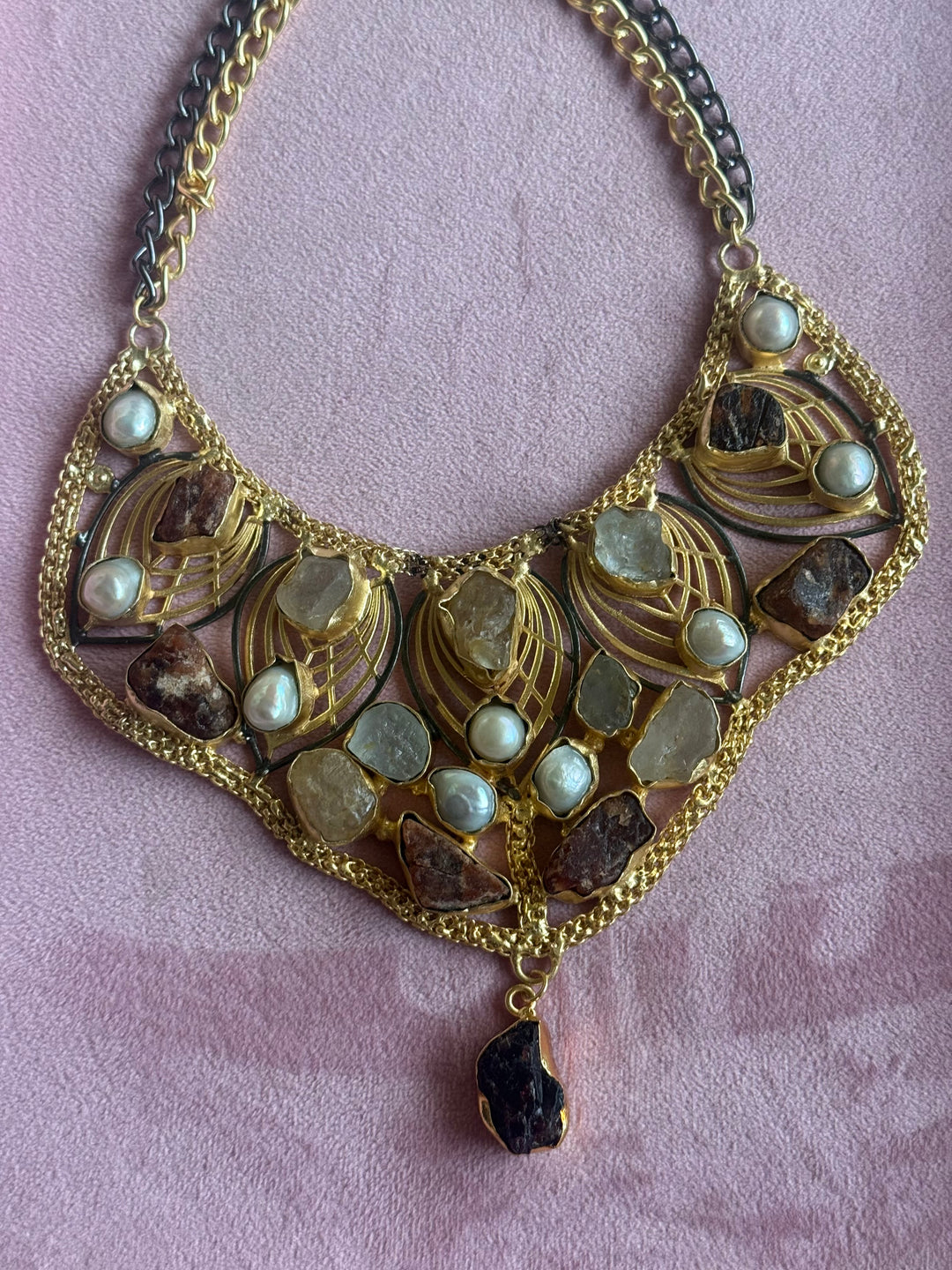 Statement Amethyst Turquoise Citrine and Pearls Necklace