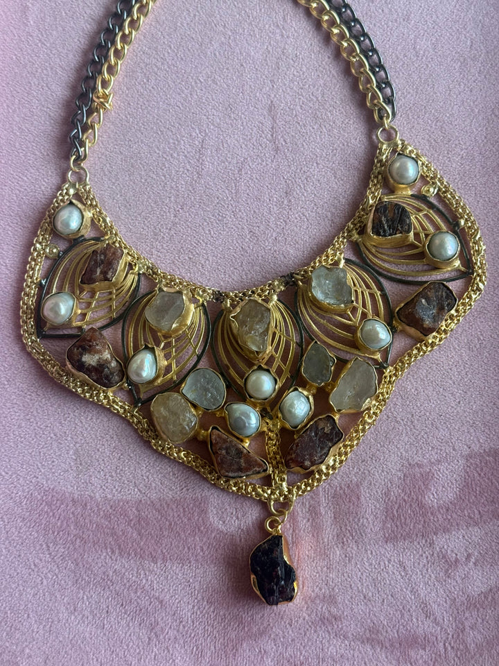 Statement Amethyst Turquoise Citrine and Pearls Necklace