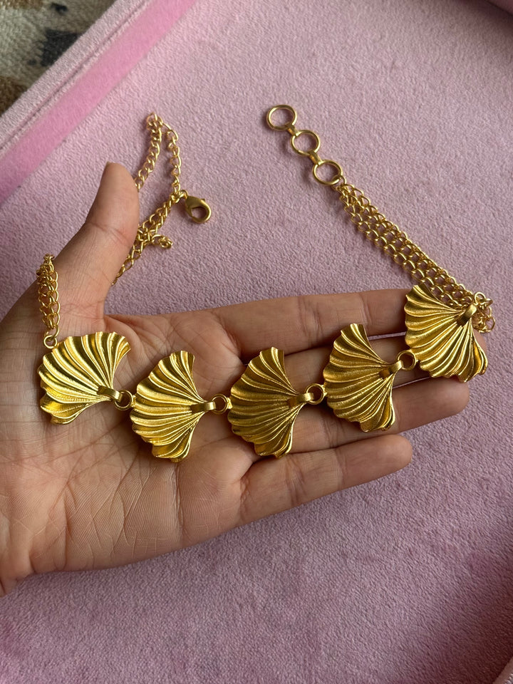 Gold Plated Fan Necklace, Handcrafted Brass Statement Jewelry