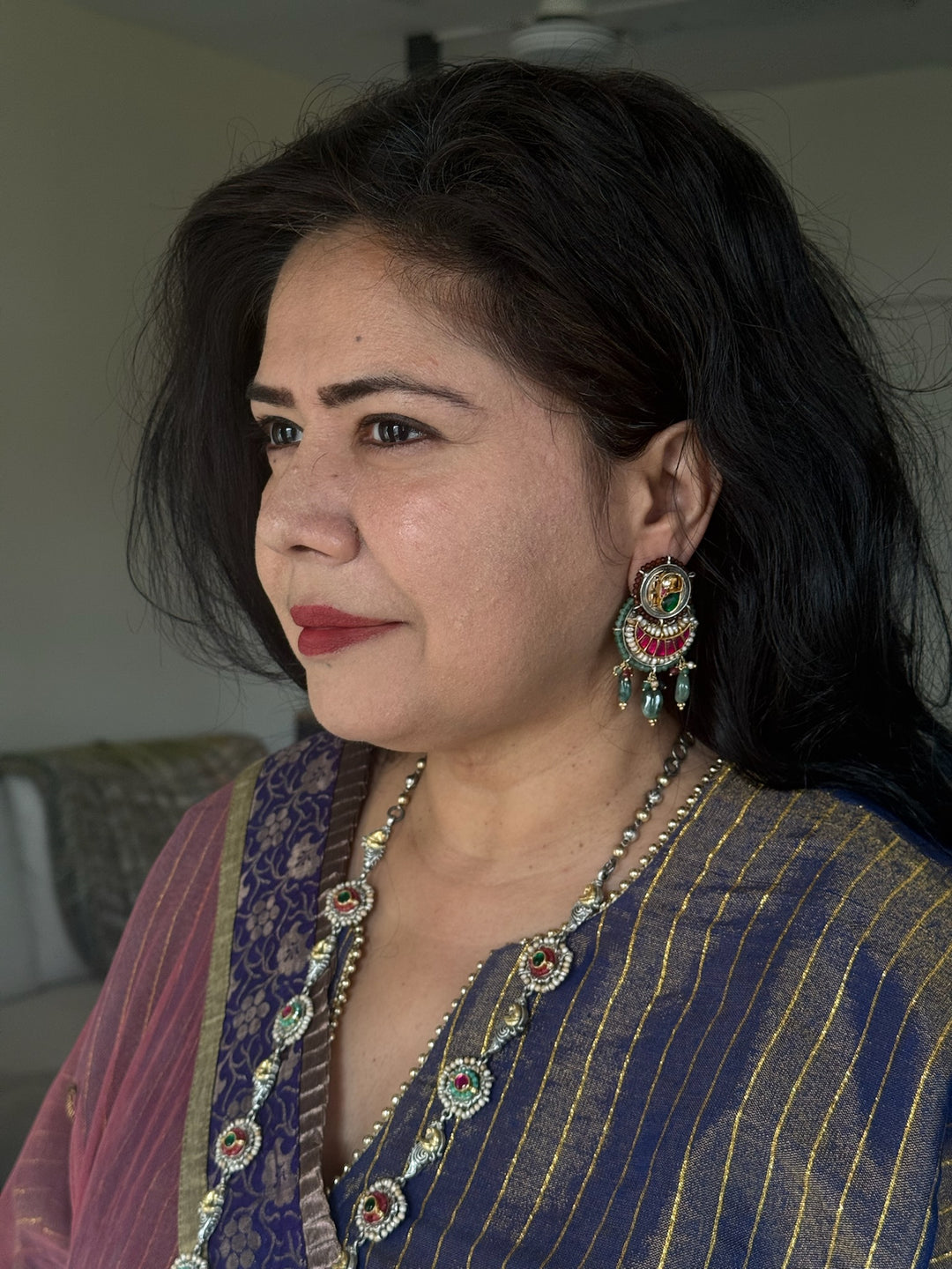 Handmade 925 Silver Multi Gemstone Kundan Long Necklace Set | SHIVKA