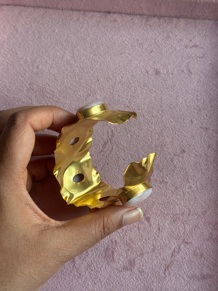 SHIVKA Designer Stone Brass Cuff | Adjustable Open Bracelet | Statement Festive Wear | 45g