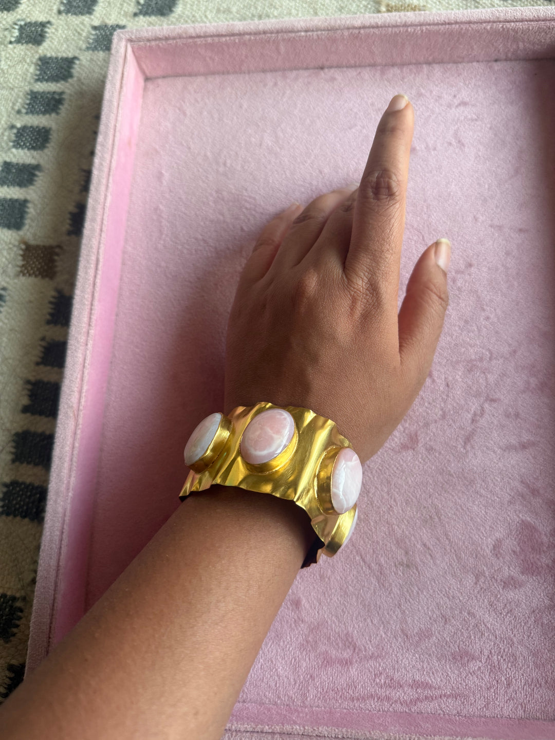 SHIVKA Designer Stone Brass Cuff | Adjustable Open Bracelet | Statement Festive Wear | 45g